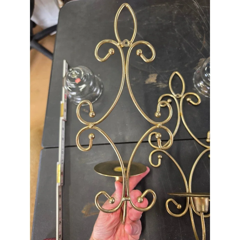 Vintage Brass Wall Sconces Set of 2 Etched Glass Peg Votive Candle Holders